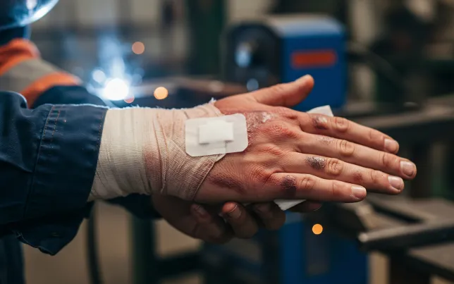 Injured welder's hand bandaged with adhesive bandage in an industrial workshop setting.