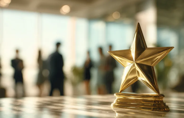 Close-up of a gold star award in foreground and blurred office employees in background.