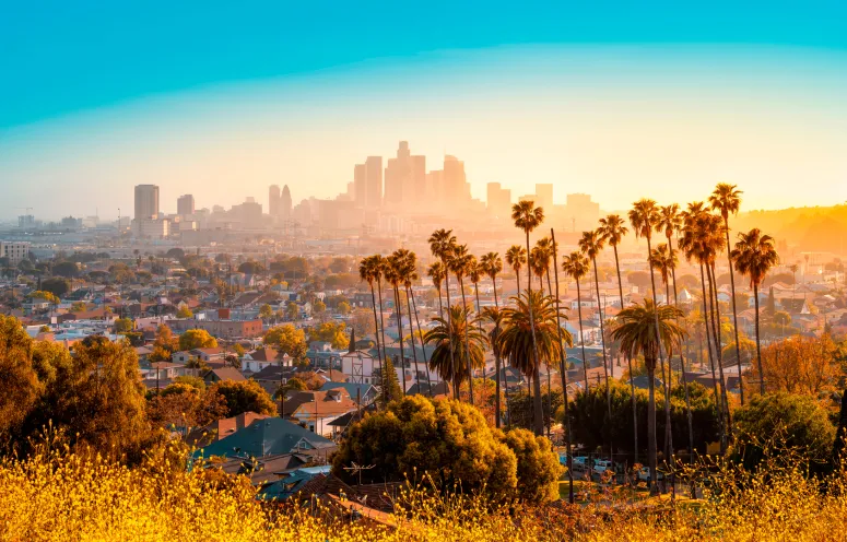 The skyline of Los Angeles during sunset.