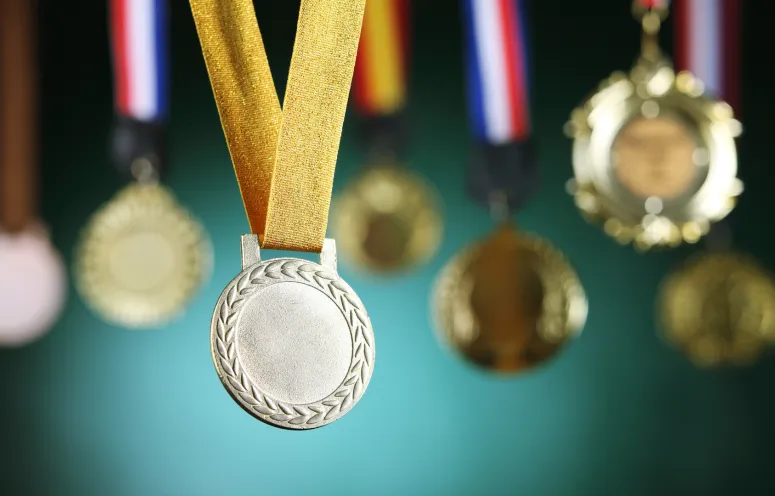 A collection of award medals hanging from ribbons.