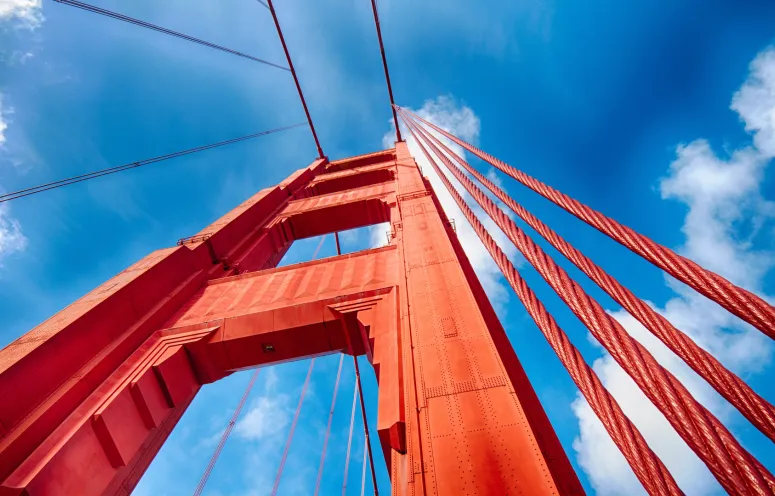 Upview of the Golden Gate Bridge.