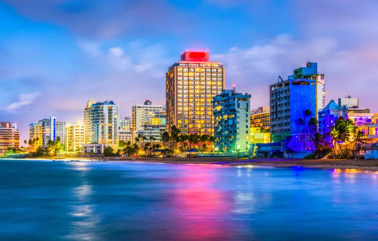 Condado Beach skyline ilit up at night, San Juan, Puerto Rico.