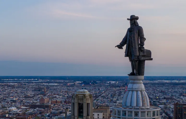 Close-up of the William Penn statue atop Philadelphia's City Hall.
