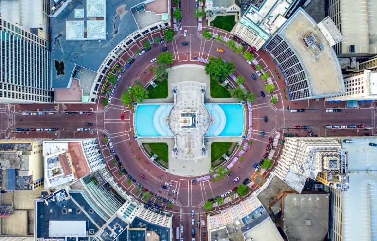 Bird's eye view of downtown Indianapolis, looking over Soldiers and Sailors Monument.