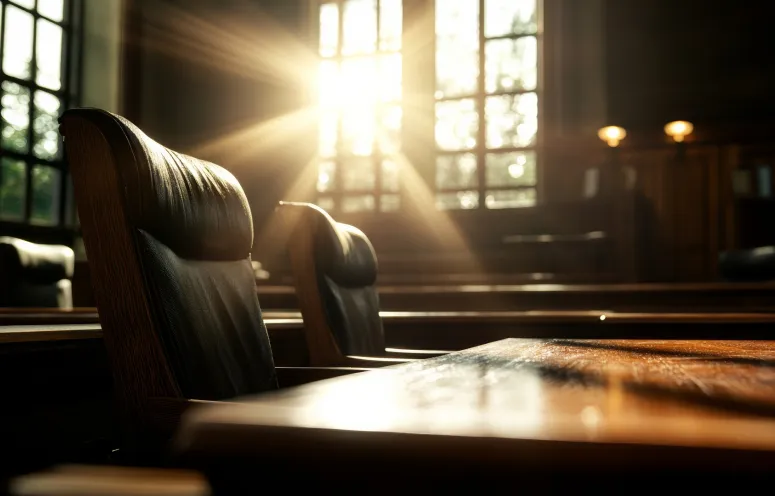 An atmospheric view of an empty courtroom, bathed in the soft glow of sunlight.