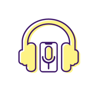 Illustration of headphones over a smartphone with podcast microphone on the screen