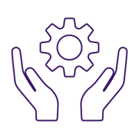 purple icon of two hands holding a raised gear