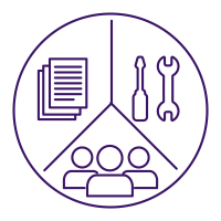 Labor icon depicting a group of workers, documents, and tools all in a circle